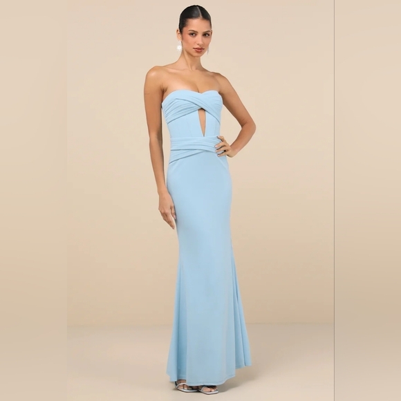 Lulus Elegant Finesse Light Blue Pleated Cutout Maxi Dress Wedding Party Prom - Picture 2 of 10